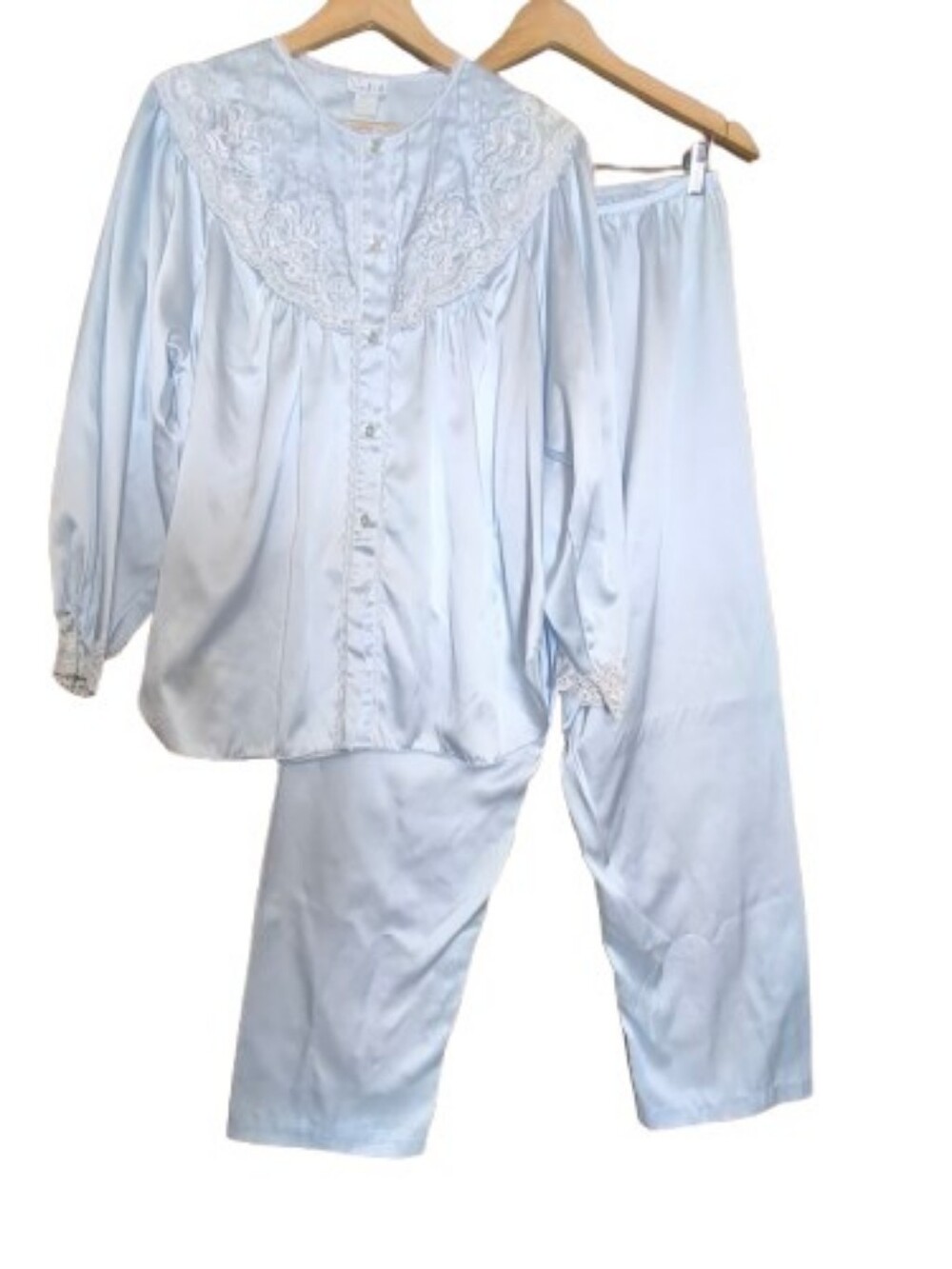 Sara Beth Blue Satin Pajama Set M Lace Trim Button Front Long Sleeve Elastic Vtg